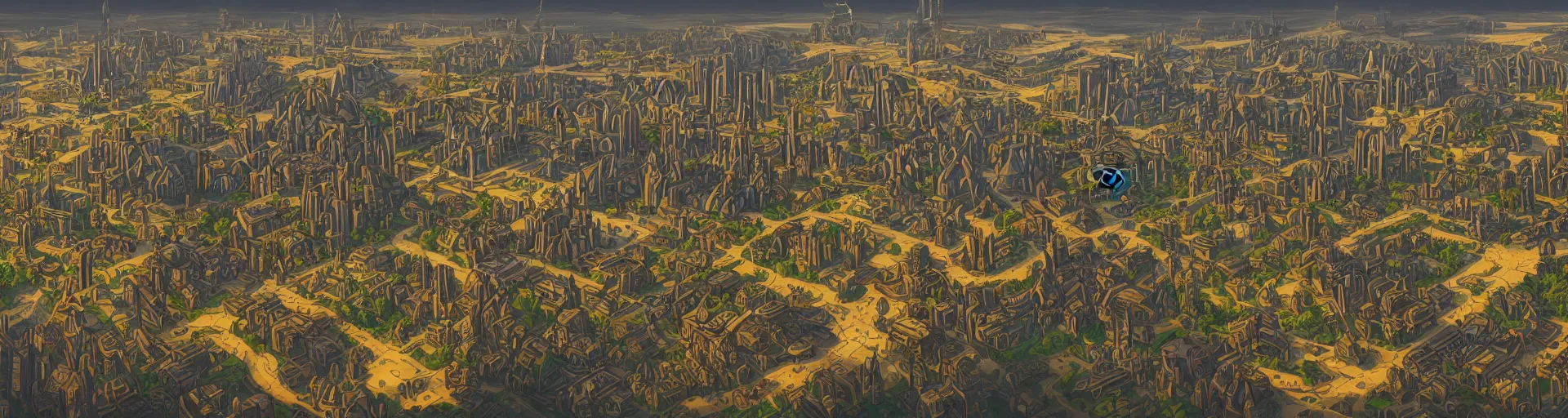 Prompt: a wide landscape shot of a dwarven city with retrofuturist art deco architecture, the city is marbled with forested parks, steampunk airships fly overhead
