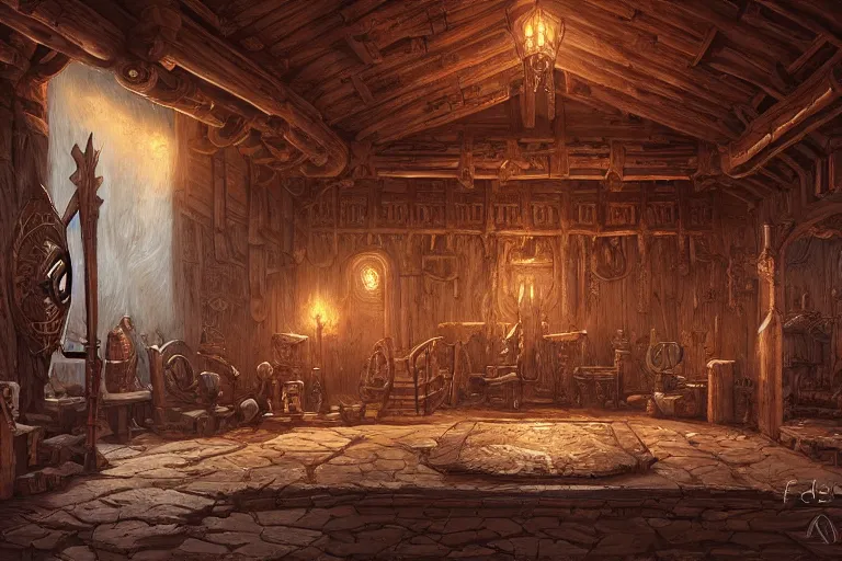 Image similar to Viking king\'s hall, ornate wood, by Andreas Rocha