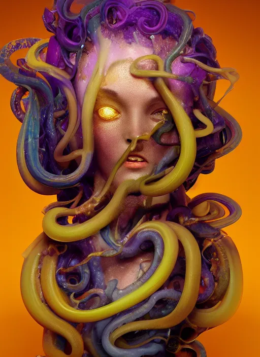 Image similar to subsurface scattering, medusa made of soft wax, cgsociety, translucent, organic squid and ceramic art nouveau swirls, golden orbs, colored smoke, in the style of alberto seveso and ruan jia and beeple and giger, mystical colors, back light, rim light, dramatic lighting, 8 k, stunning scene, raytracing, octane render