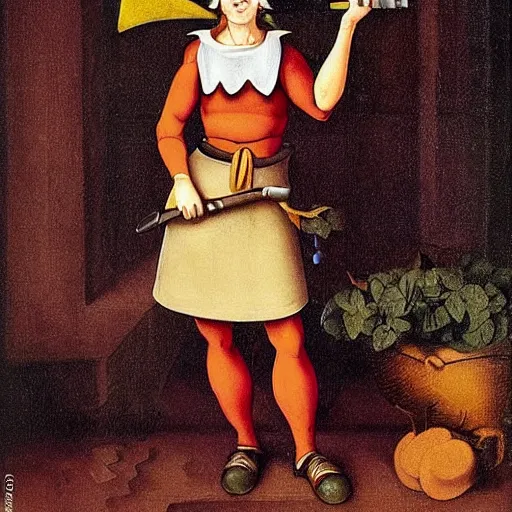 Prompt: determined elf woman with short blonde hair wearing a kitchen maid's uniform while holding a chef's knife and standing in the rain, fantasy, character portrait, Michelangelo painting