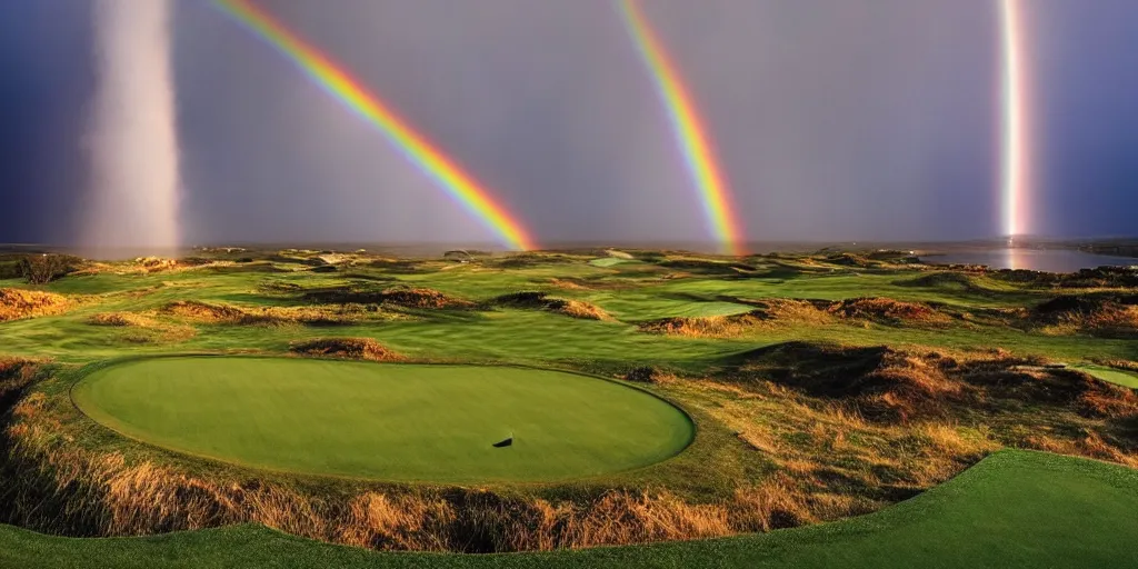 Prompt: a great photograph of the most amazing golf hole in the world, on top of the clouds, lightning storm and a rainbow, sunlight, ambient light, golf digest, top 1 0 0, fog