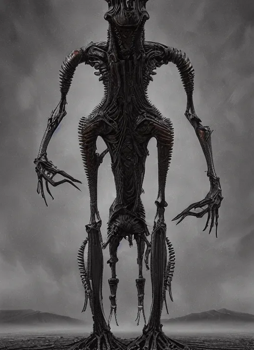 Image similar to a tall biomechanical alien by h. r. giger, highly detailed, intricate, copper metal, steampunkcore, reflective, sepia tone, cinematic, wide angle, unreal engine render 4 k by wayne barlowe, zdzislaw beksinski, artstation