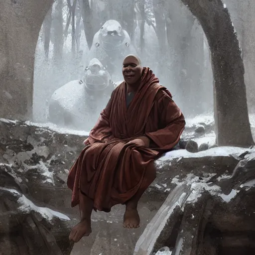 Image similar to anthropomorphic hippopotamus humanoid monk by greg rutkowski, water temple, winter, fantasy