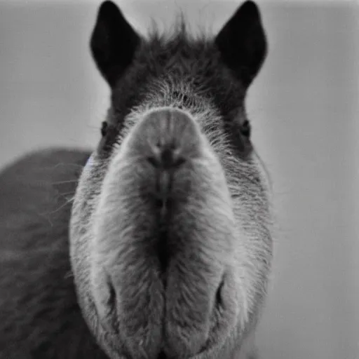 Image similar to criminal mugshot of an capybara, black and white, 1970s photo