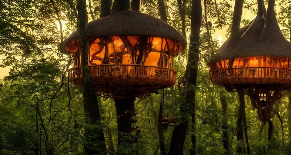 Prompt: A scene from a 2022 fantasy film featuring a cozy art nouveau reading nook inside a fantasy treehouse. A city of treehouses and suspended walkways can be seen outside. Golden Hour. 8K UHD.