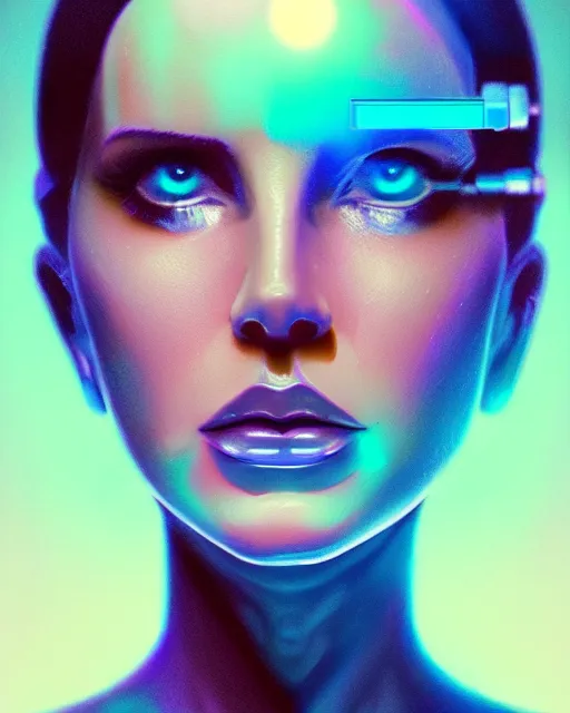 Image similar to portrait of lana del rey as a cyborg. intricate abstract. intricate artwork blue and pink lighting, by tooth wu, wlop, beeple, dan mumford. concept art, octane render, trending on artstation, greg rutkowski very coherent symmetrical artwork. cinematic, key art, hyper realism, high detail, octane render, 8 k, iridescent accents