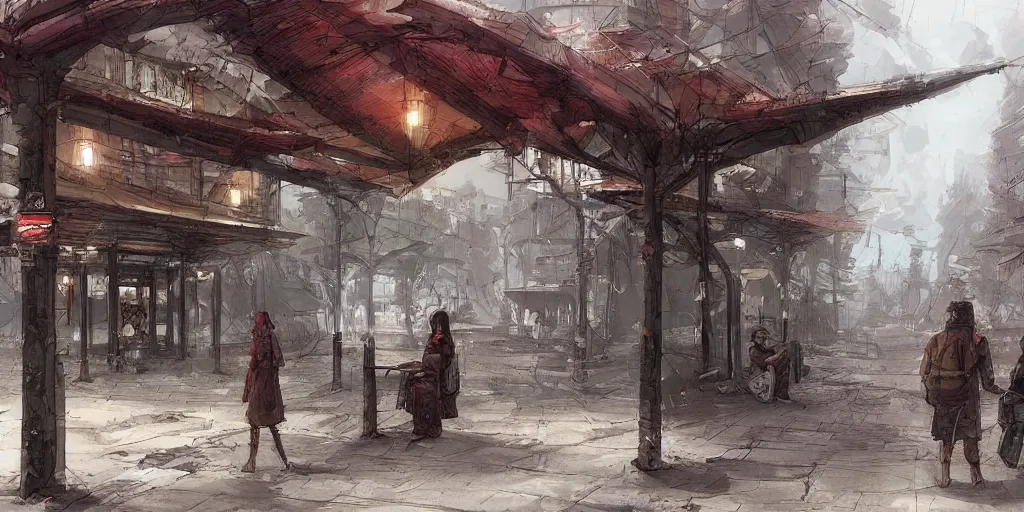 Prompt: concept art of a bus stop with walls for the far north in style of marc simonetti, intricate, highly detailed