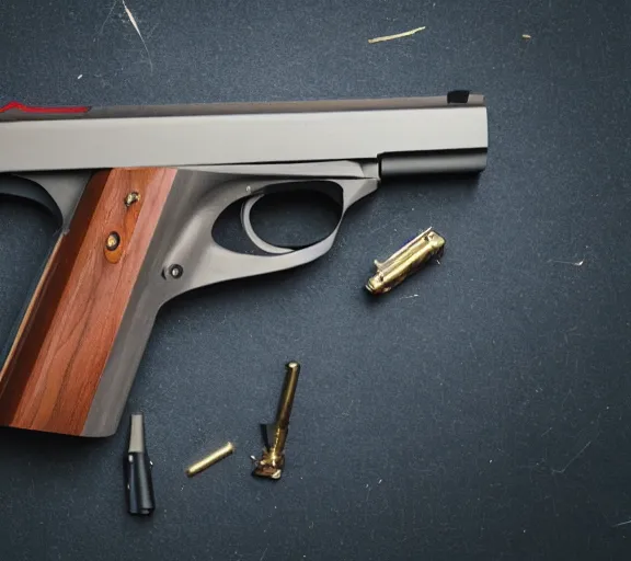 Prompt: a full shot photo of a pistol gun laying on a desk