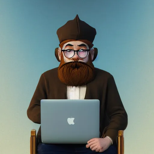 Prompt: young gnome - like man, oversized brown beard and mustache, macbook on his lap, wispy smoke, surreal, art nouveau, photorealistic, octane render, unreal engine, mucha, magritte, artgerm, greg rutkowski, trending on artstation, super detailed, 8 k, control the soul