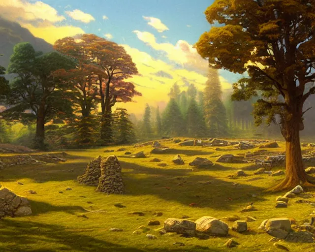 Prompt: empty grass field with a burned down small stone circle, at midday, high detail, by thomas kinkade, king's quest, sierra games, 2 d graphic adventure game