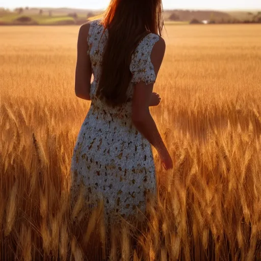 Prompt: close-up shot, a beautiful painting of a girl in a airy semi-transparent thin light dress standing in the glowing wheat fields, mystical setting, afternoon sun, long shadows, photo from the back, 135mm, trending on artstation
