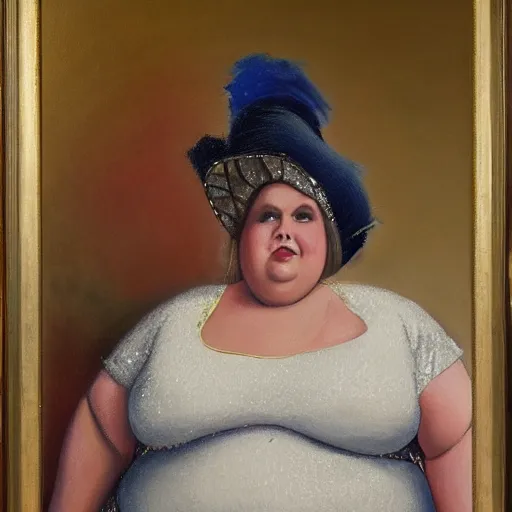 Image similar to Oil painting of a fat woman posing in a diamond dress and extravagant hat