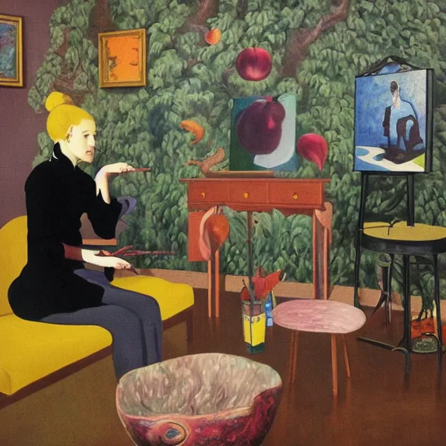 Image similar to female emo art student in her lounge room, painting of flood waters inside an artist's loungeroom, a river flooding indoors, pomegranates, pigs, ikebana, water, octopus, river, rapids, waterfall, black swans, canoe, berries, acrylic on canvas, surrealist, by magritte and monet