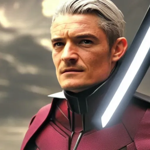 Prompt: A still of Orlando Bloom as Magneto in X-Men movie, dynamic lighting, villain pose, 8k, 2022 picture of the year