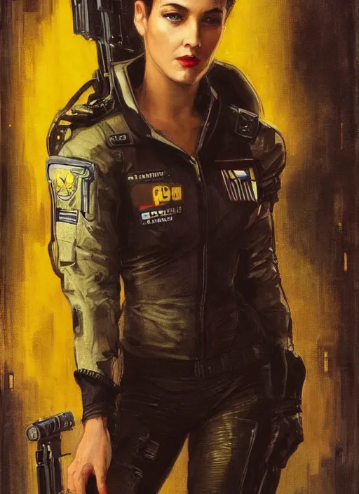 Prompt: Selina Kyle. beautiful cyberpunk female USN marine wearing a military vest and a black and yellow tactical jumpsuit (cyberpunk 2077, bladerunner 2049). gorgeous face. Iranian orientalist portrait by john william waterhouse and Edwin Longsden Long and Theodore Ralli and Nasreddine Dinet, oil on canvas. Cinematic, hyper realism, realistic proportions, dramatic lighting, high detail 4k