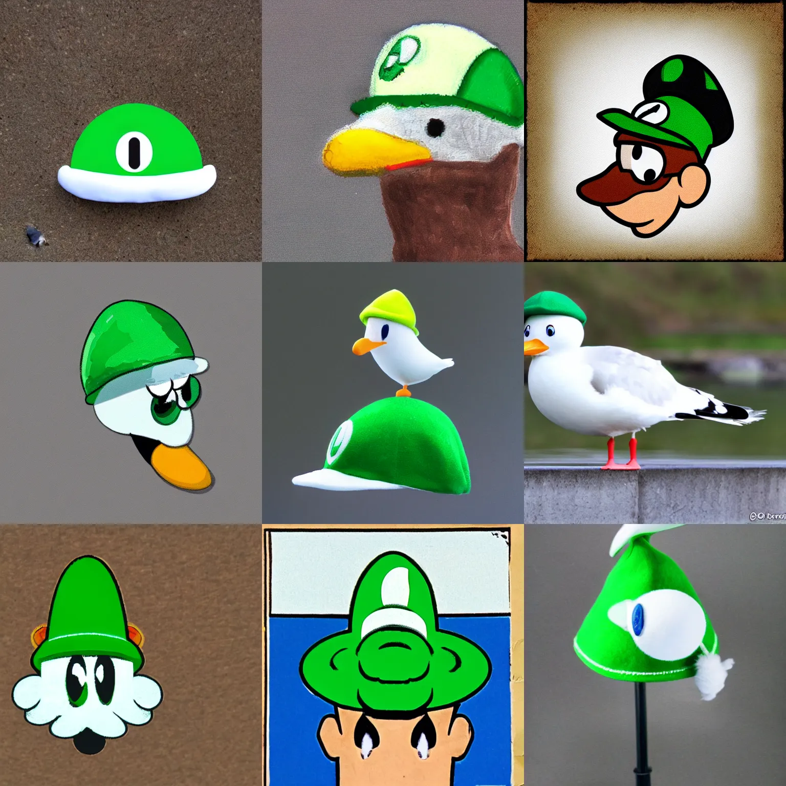 Prompt: Seagull with Luigi hat