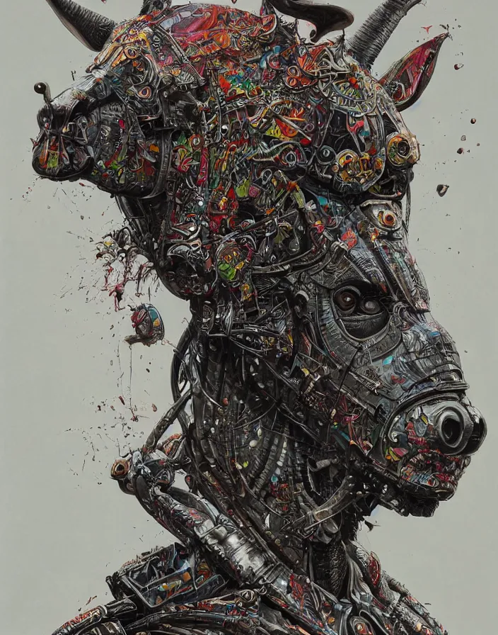 Image similar to art portrait A donkey and a bug hybrid, intricate detailed armour ,8k,by tristan eaton,Stanley Artgermm,Tom Bagshaw,Greg Rutkowski,Carne Griffiths, Ayami Kojima, Beksinski, Giger,trending on DeviantArt,face enhance,hyper detailed,minimalist,cybernetic, android, blade runner,full of colour,