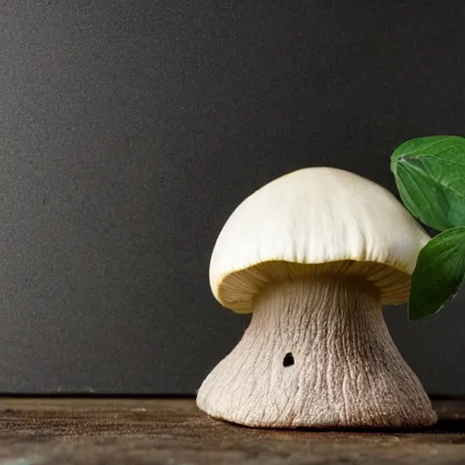 Prompt: a small domestic housecat with a fruiting mushroom growing atop its head