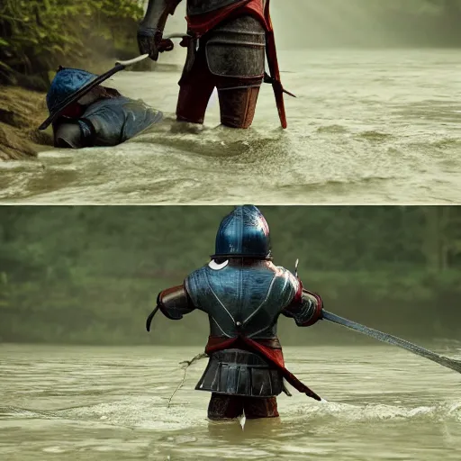 Prompt: a mighty knight saving child from drowning in the river, ultra realistic details, trending on artstation, 8 k