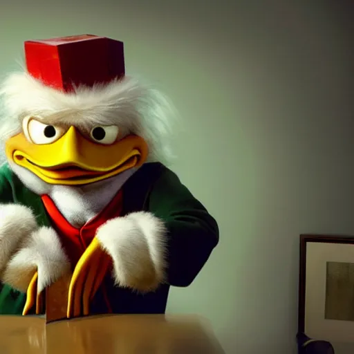 Image similar to hyperrealistic mixed media image of Scrooge McDuck (duck face), stunning 3d render inspired art by István Sándorfi and Greg Rutkowski, perfect facial symmetry, realistic, highly detailed attributes and atmosphere, dim volumetric cinematic lighting, 8k octane extremely hyper-detailed render, post-processing, masterpiece,