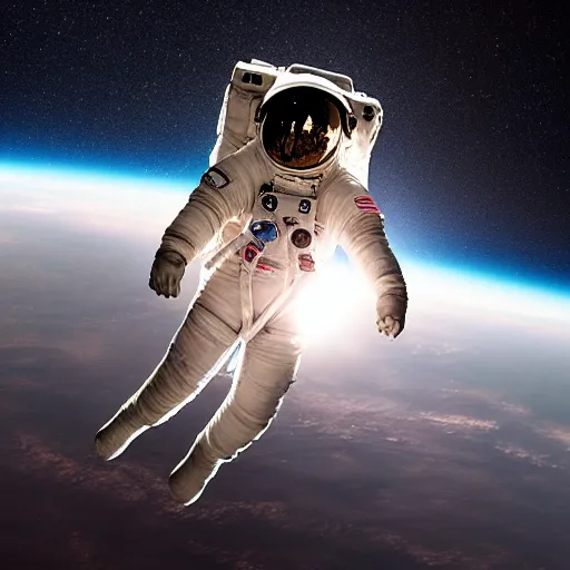 Prompt: an astronaut floating in space with a light below them