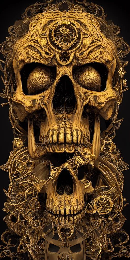 Image similar to 3d render ultra detailed of a skull, art deco, intricate gears details, hyperrealistic, ultra detailed, elegant, octane render, blue and gold, 8k, trending on Artstation, unreal engine