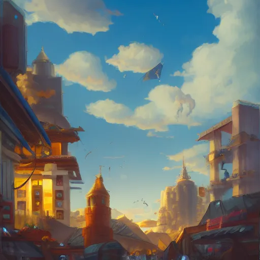 Image similar to a city market and the blue sky with clouds in the distance, in the style of peter mohrbacher