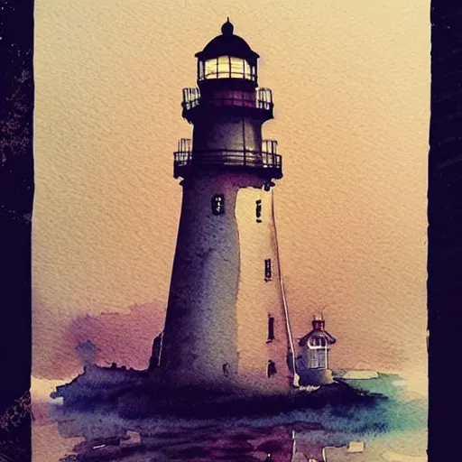 Image similar to beautiful watercolor and ink lighthouse on cloudy winter storm night, artstation, mystical