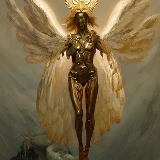 Image similar to angelic humanoid with wings on its back and an upside-down stone face holding a golden spear, oil painting, by Fernanda Suarez and and Edgar Maxence and greg rutkowski