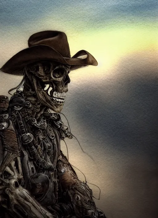 Image similar to portrait, A wounded skeleton cowboy watching the sunset, watercolor, dramatic lighting, cinematic, establishing shot, extremely high detail, foto realistic, cinematic lighting, pen and ink, intricate line drawings, by Yoshitaka Amano, Ruan Jia, Kentaro Miura, Artgerm, post processed, concept art, artstation, matte painting, style by eddie mendoza, raphael lacoste, alex ross