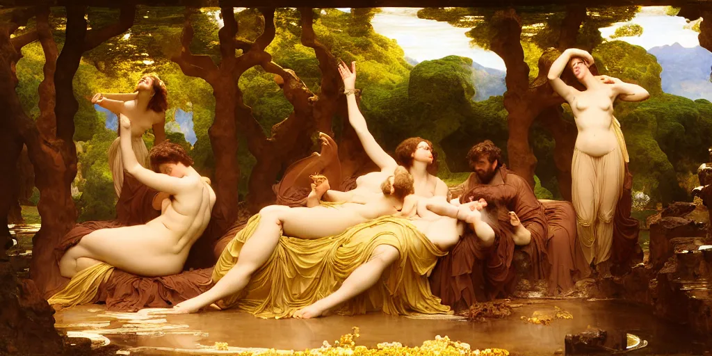 Prompt: an oasis in the middle of the desert, by Frederic Leighton and Daniel Maclise and Rolf Armstrong and Evelyn De Morgan and Bastien Lecouffe-Deharme, dutch golden age, dramatic lighting, high contrast colors, baroque, empyrean, panoramic view, cgsociety, highly detailed, doom engine,