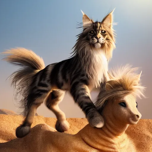 Image similar to Fluffy Maine Coon riding on a poney in the desert. Highly realistic. Highly detailed. High resolution. 4k. 8k