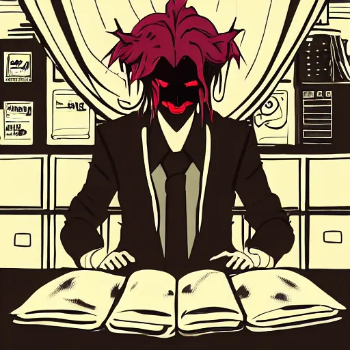 Prompt: dark lord sitting at desk, medium shot, portrait, john k, semi realistic anime, red demon cyberpunk symbols