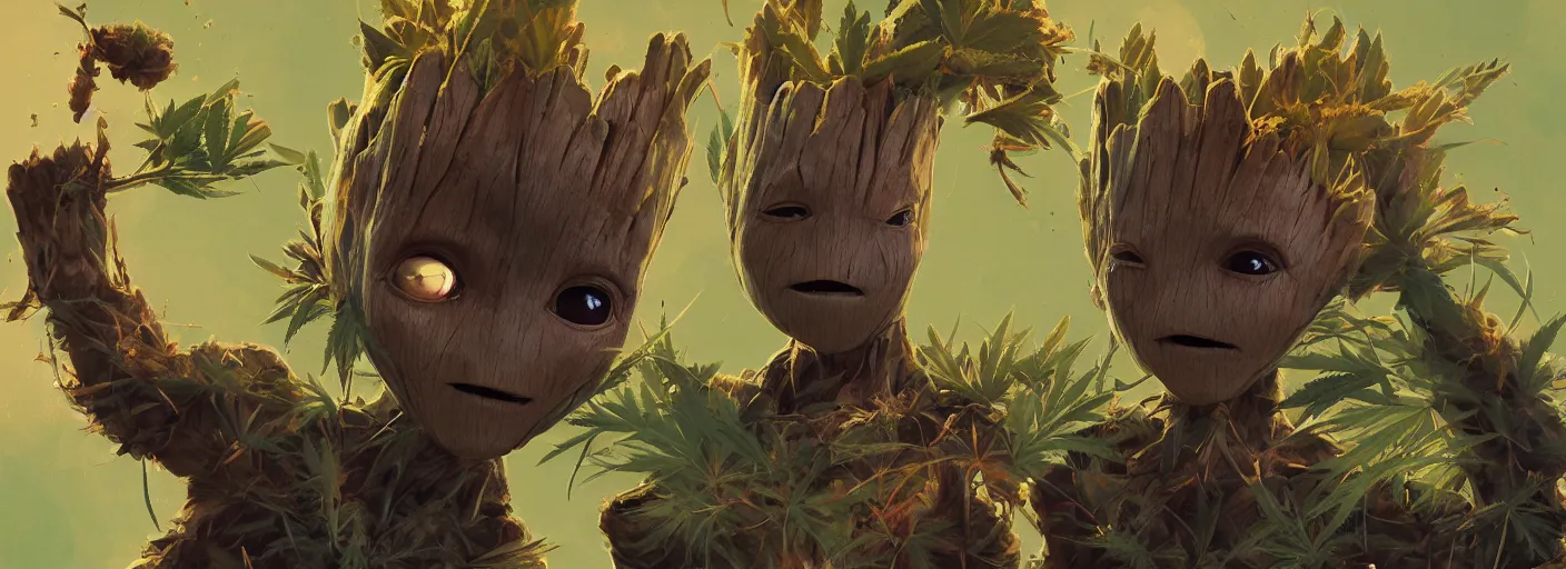 Image similar to duotone concept illustration 3 / 4 portrait of baby groot wearing cannabis hat, hemp, marijuana!, cinematic volumentric lighting, jim cheung, david marquez, mike deodato jr, ilya kuvshinov, makoto shinka, behance hd by jesper ejsing, by rhads, hyper detailed, octane render, concept art, artstation