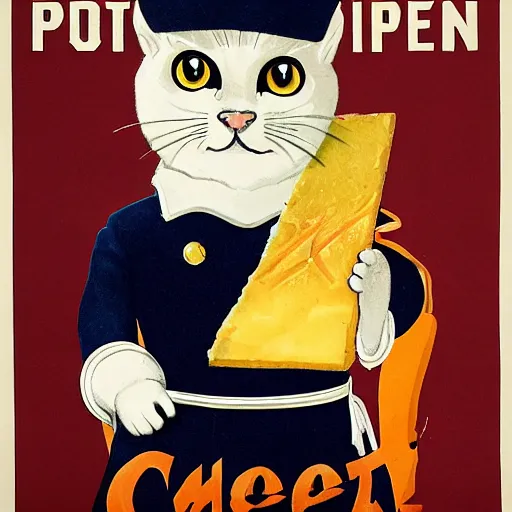 Image similar to a propaganda poster depicting a cat dressed as French emperor Napoleon holding a piece of cheese