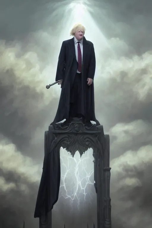 Image similar to a realistic portrait of Boris Johnson as Grim Reaper, masculine figure, bright hopeful atmosphere, volumetric lights, beam of bright light through the clouds, intricate, elegant, highly detailed, extremely detailed, digital painting, artstation, concept art, matte, smooth, sharp focus, hyper realistic, illustration, art by Artgerm and Greg Rutkowski and Alphonse Mucha