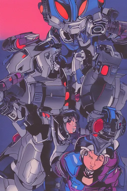 Image similar to boomers from bubblegum crisis at dusk, a color illustration by masamune shirow