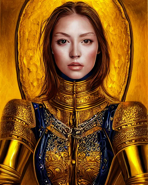 Image similar to acrylic painting portrait of woman in shining golden armor, high production value, intricate details, high resolution, hdr, high definition, masterpiece, realistic, ultrarealistic, highly detailed, hd, sharp focus, non blurry, sharp, smooth