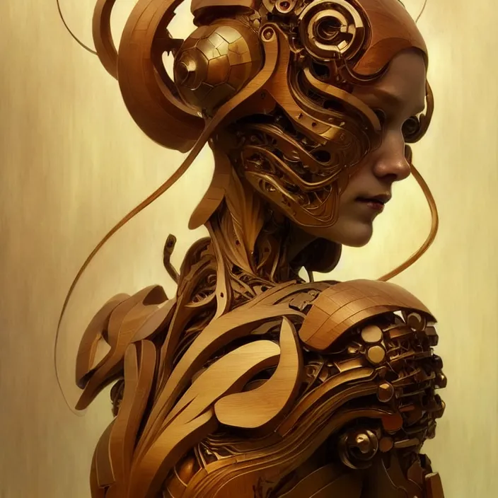 Image similar to organic cyborg, japanese wood carving, diffuse lighting, fantasy, elegant, lifelike, photorealistic, digital painting, artstation, illustration, concept art, smooth, sharp focus, art by John Collier and Albert Aublet and Krenz Cushart and Artem Demura and Alphonse Mucha