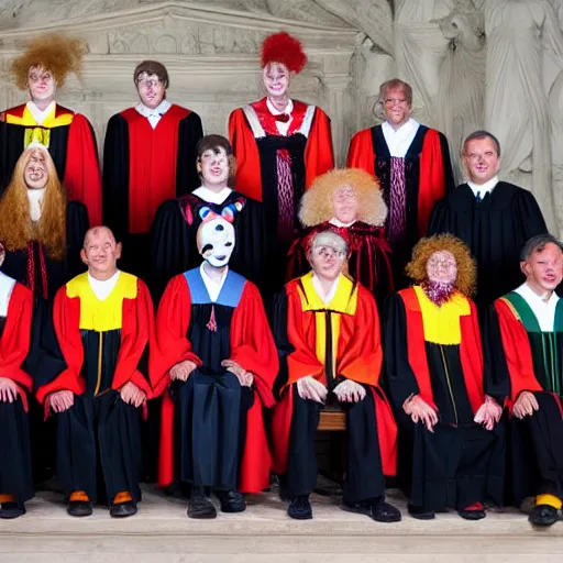 Image similar to Exactly 6 dressed as Clowns Exactly 3 in Justice Robes, sitting on the Supreme Court, 4K, Octane Render https://media.discordapp.net/attachments/1005627987435192381/1006954863948726304/supreme.jpg