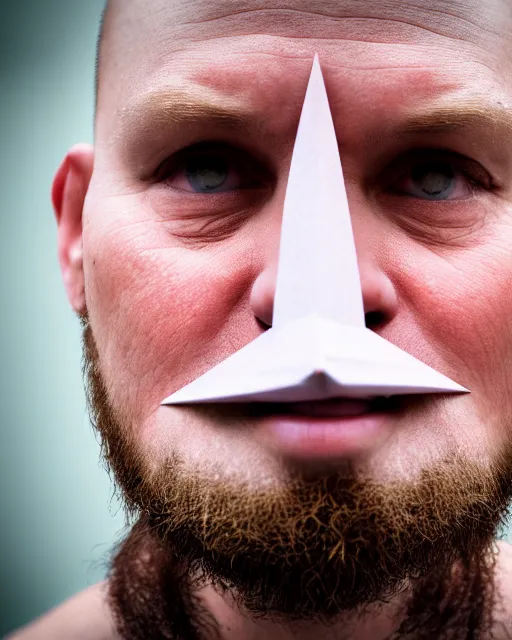 Image similar to scary photo of a man with equilateral triangle instead of his mouth, hyperrealism, bokeh, 8k, trending on