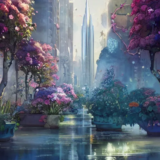 Image similar to a painting of an art - deco cityscape surrounded by flowers, a watercolor and matte painting by magali villenueve and mandy jurgens and charlie bowater, cgsociety, artdeco, utopia art, sci - fi, artstation hq