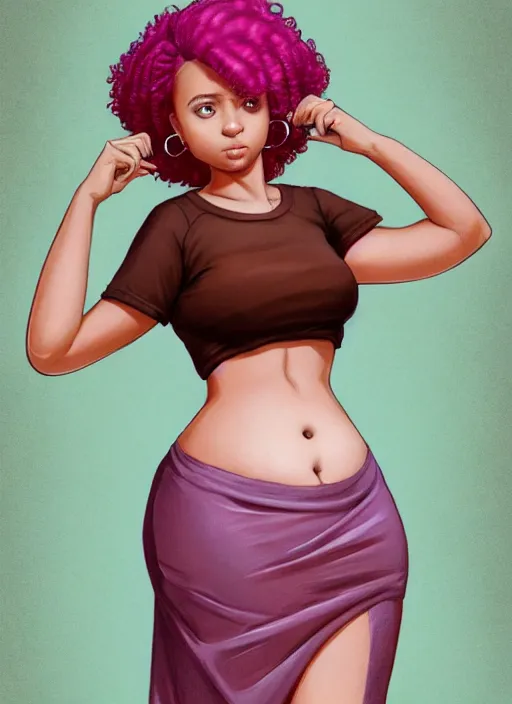 Image similar to full body portrait, teenage vanessa morgan, pink hair, brown skin, obese, curly pixie hair, sultry, realistic, short hair, hoop earrings, skirt, shirt, fat, belly, intricate, elegant, highly detailed, digital painting, artstation, concept art, smooth, sharp focus, illustration, art by wlop, mars ravelo and greg rutkowski