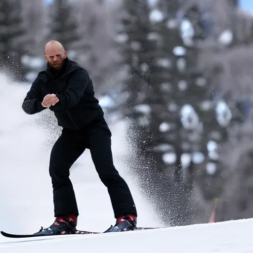 Image similar to jason statham skiing, dust, full body shot, finely detailed