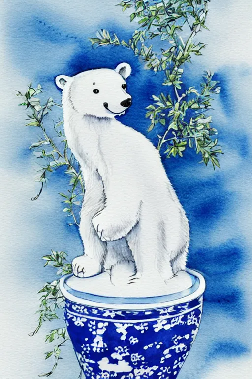 Image similar to a cute anime polar bear in a blue and white porcelain vase, watercolor, white background, lovely