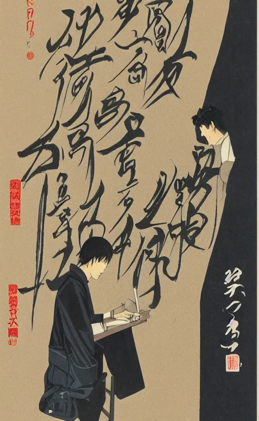 Image similar to by akio watanabe, manga art, a male calligrapher writing next to a poster, inside modern japanese room, trading card front, realistic anatomy