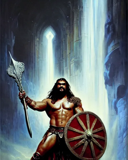 Image similar to beautiful portrait oil painting, jason momoa conan the barbarian standing in a dungeon wearing a crown and royal crimson spartan armor enthroned as the god emperor of ancient rome, action pose, frank frazetta, boris vallejo, greg rutkowski, beautiful cinematic light, american romanticism, by thomas lawrence, greg rutkowski