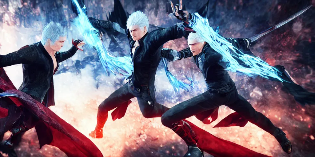 Prompt: dmc 5 vergil fighting dante, digital art with background by chengwei pan