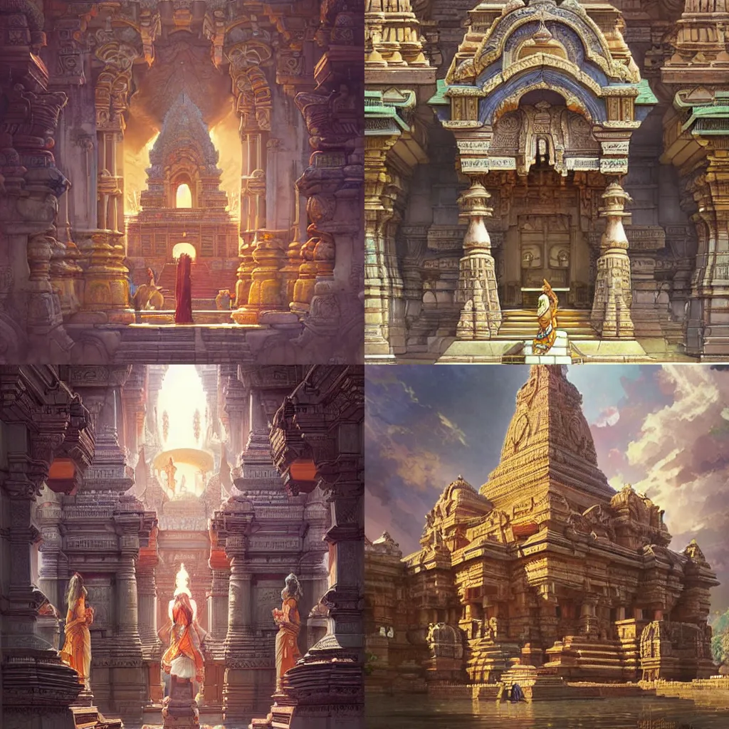 Image similar to a grand ancient Hindu temple in the middle of an ancient city, sacredness, cinematic, concept art, smooth, sharp focus, illustration, art by artgerm and greg rutkowski and alphonse mucha