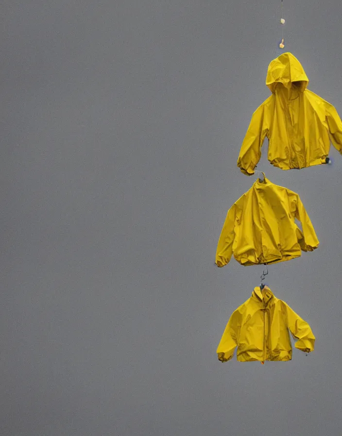 Image similar to a lone yellow zara raincoat flying hanging mid - air on a glittering rainy display designed by james terrell, we anderson, symmetry, rule of thirds